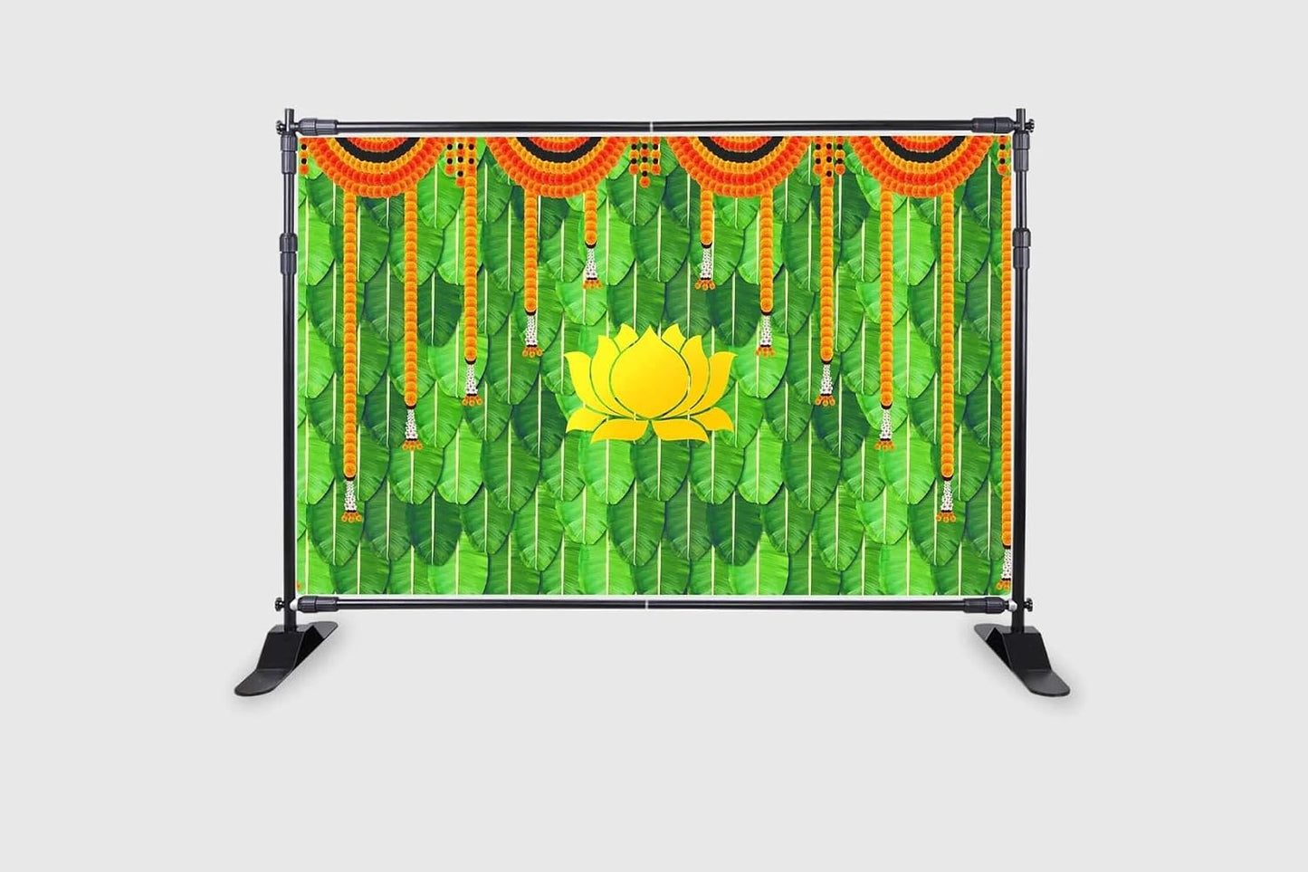 PJD-431 Traditional Banana Leaf & Marigold Garland Lotus Festival Backdrop Cloth