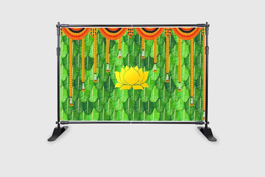 PJD-431 Traditional Banana Leaf & Marigold Garland Lotus Festival Backdrop Cloth