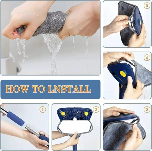 11133 Premium 360° Rotatable Adjustable Triangle Cleaning Mop with Stainless Steel Long Handle Push-Pull Squeezing Cleaning Mop Dry & Wet Mop Floor Windows Ceiling