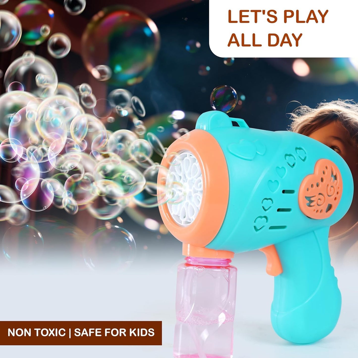 20566 Automatic Bubble Gun Machine Orange Bubble Shooter with Solution Safe, Leakproof, Battery-Powered (Battery Operated) | Outdoor and Indoor Party Toy | Ideal Gift for Boys and Girls