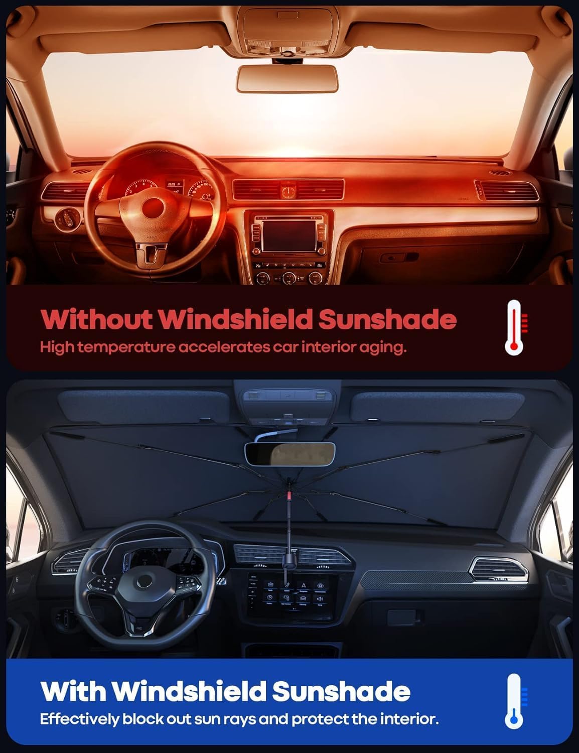 20520 Car Sun Shade Protector Front Glass || Foldable Umbrella for Car Front Window for Protect Vehical from Sun Rays & Heat Damage Keep Cool- Black Color