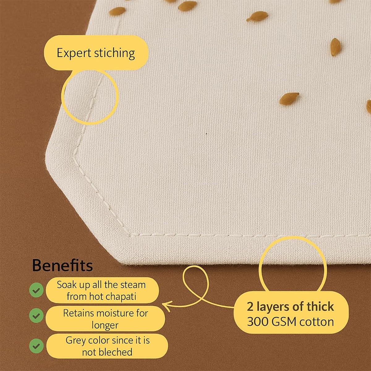 11042 Cotton Double Layer Roti Wrap With Flaps – Muslin Cloth For Chapati And Hot Case Kitchen – Roti Cloth,Beige