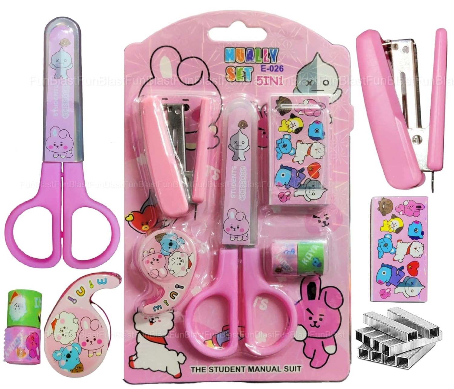 CD 9667 Cartoon Stationery Set – Kawaii Stapler with Scissor, Washi Tape for Office, School, Home, Portable Mini Size Stapler with 400 Staples Blister {Random Color}