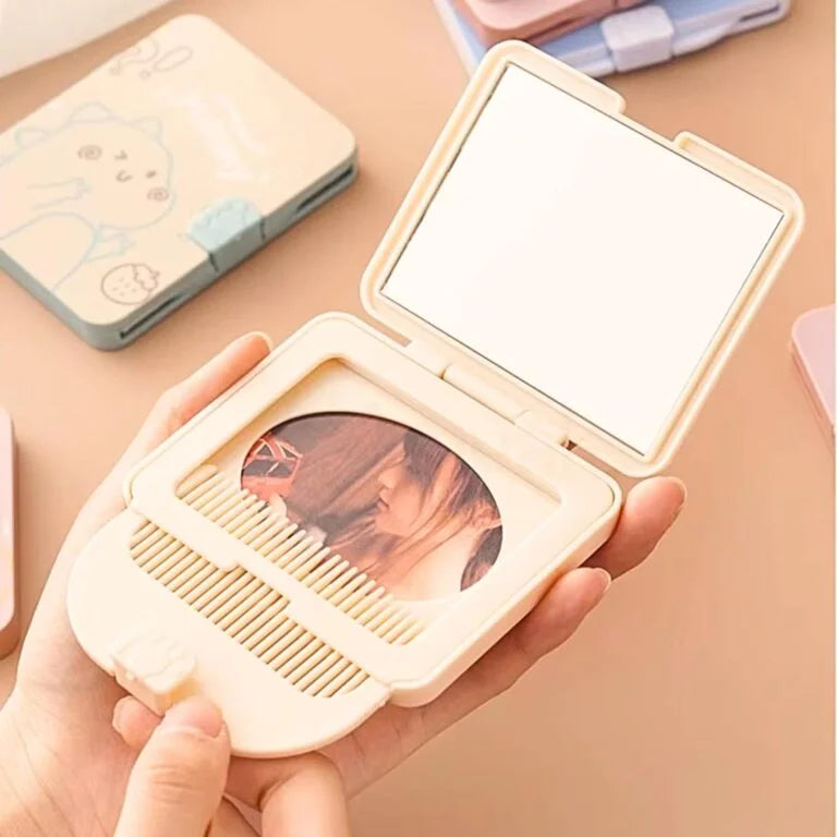 23148 Apeak Korean Portable Compact Mirror with Detachable Comb | Travel Pocket Makeup Mirror for Girls & Women