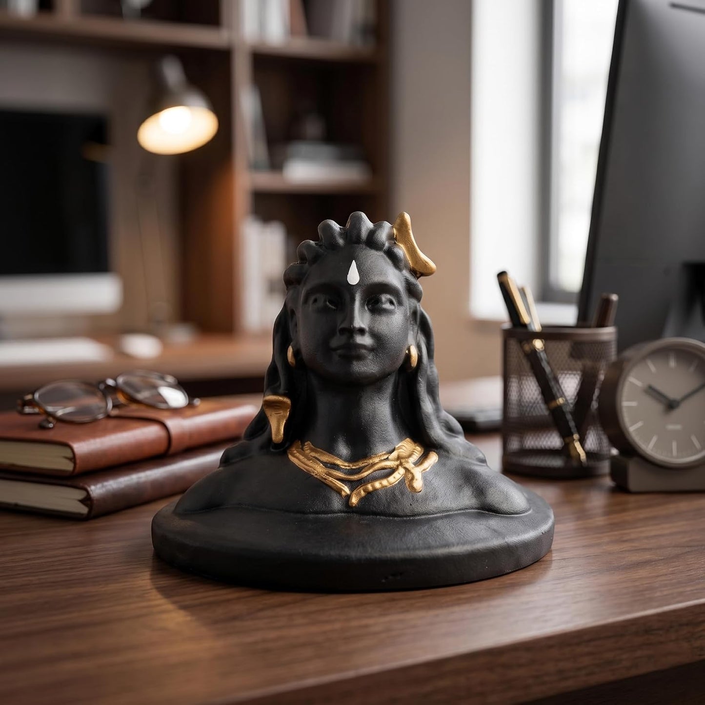 21127 Premium Matte Black Adiyogi Lord Shiva Idol with Gold Accents | Miniature Mahadev Murti for Car Dashboard, Office Desk & Home Decor