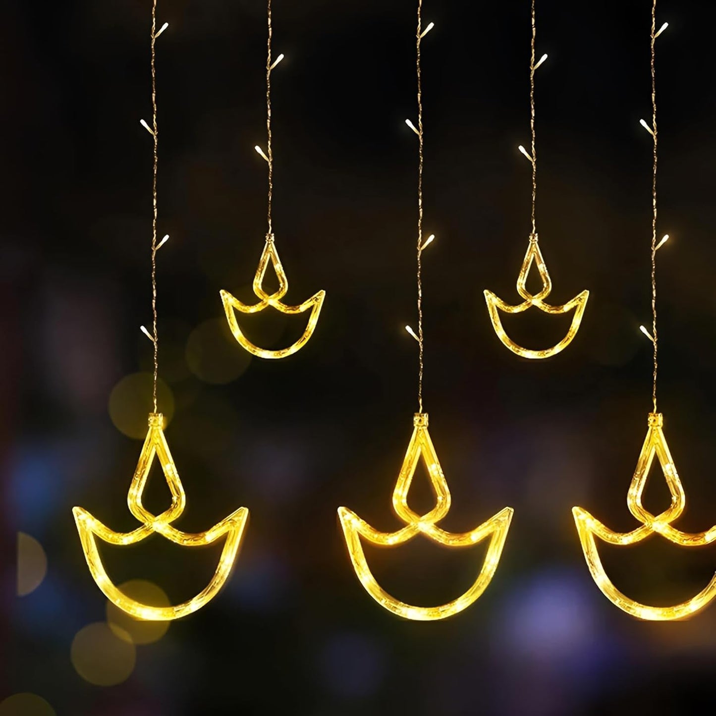 20306  12 Diya LED Curtain String Lights – 138 LEDs, 8 Flashing Modes, Warm White Copper Wire Decorative Lights for Diwali, Christmas, Wedding, Home