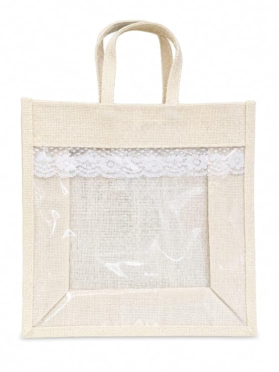 21363 Natural Jute Tote Bag with Transparent PVC Window, Gift Hamper Packaging for Cosmetics, Dry Fruits and Wedding Favours