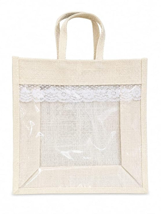 21363 Natural Jute Tote Bag with Transparent PVC Window, Gift Hamper Packaging for Cosmetics, Dry Fruits and Wedding Favours