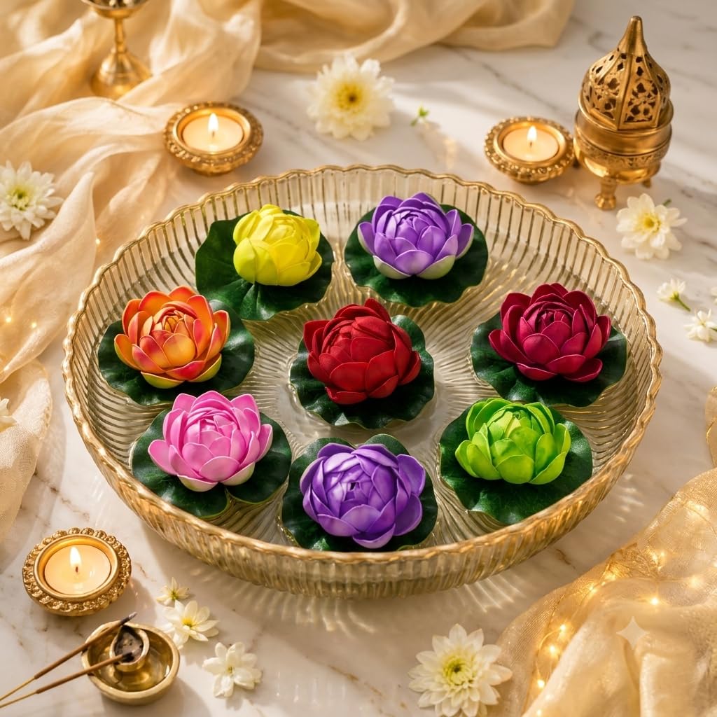 21355 12 Pcs Artificial Floating Lotus Flowers for Wedding Or Party Decoration Bowl, Floating Water Bowl Plants, Flora Living Room Diwali Festival, Pool, Home, Garden & Temple Decor