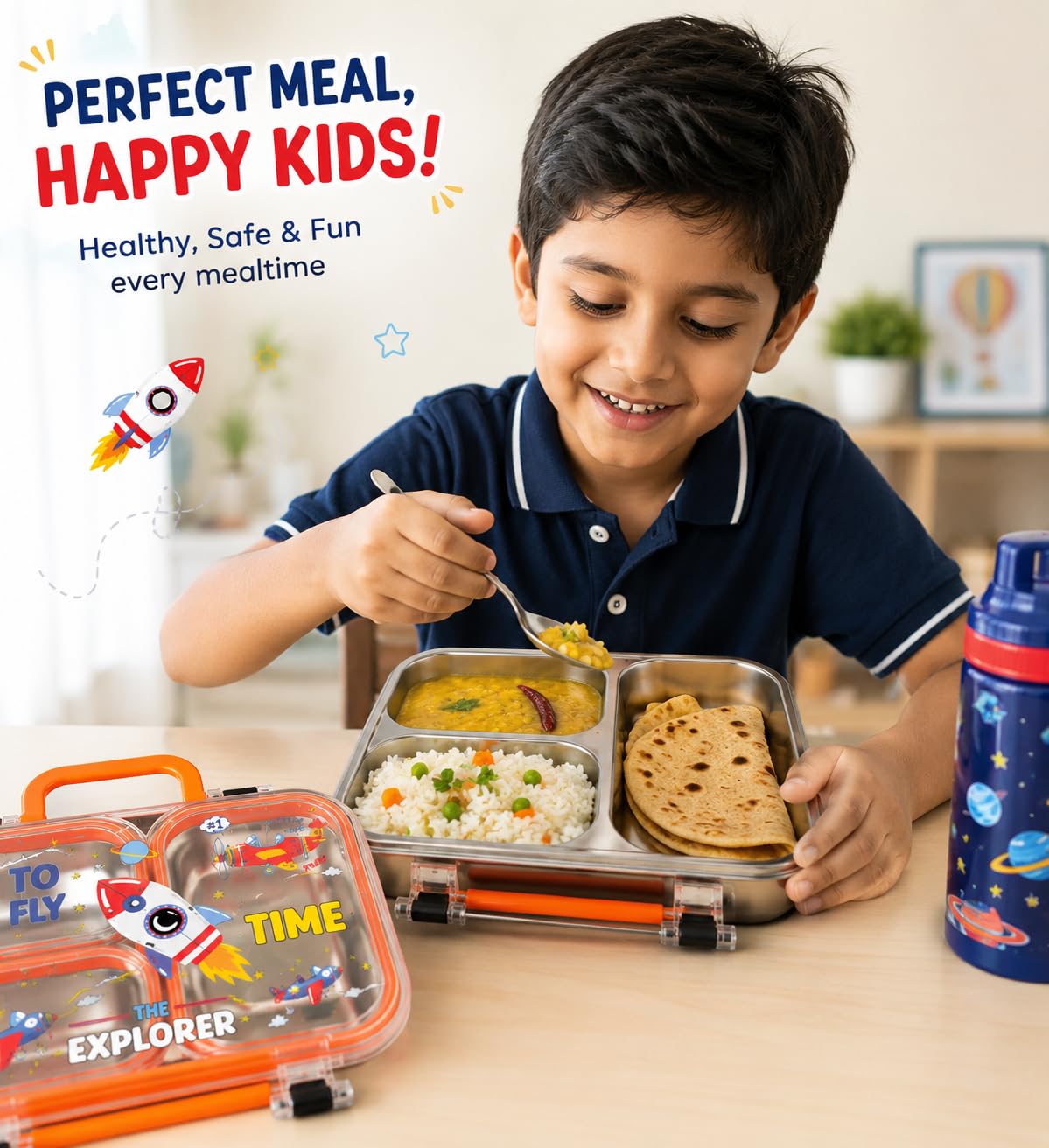 2679 {750 ML} Stainless Steel Lunch Box for School, 3 Compartment Leak Proof Bento Tiffin Box with Handle {Random Design}