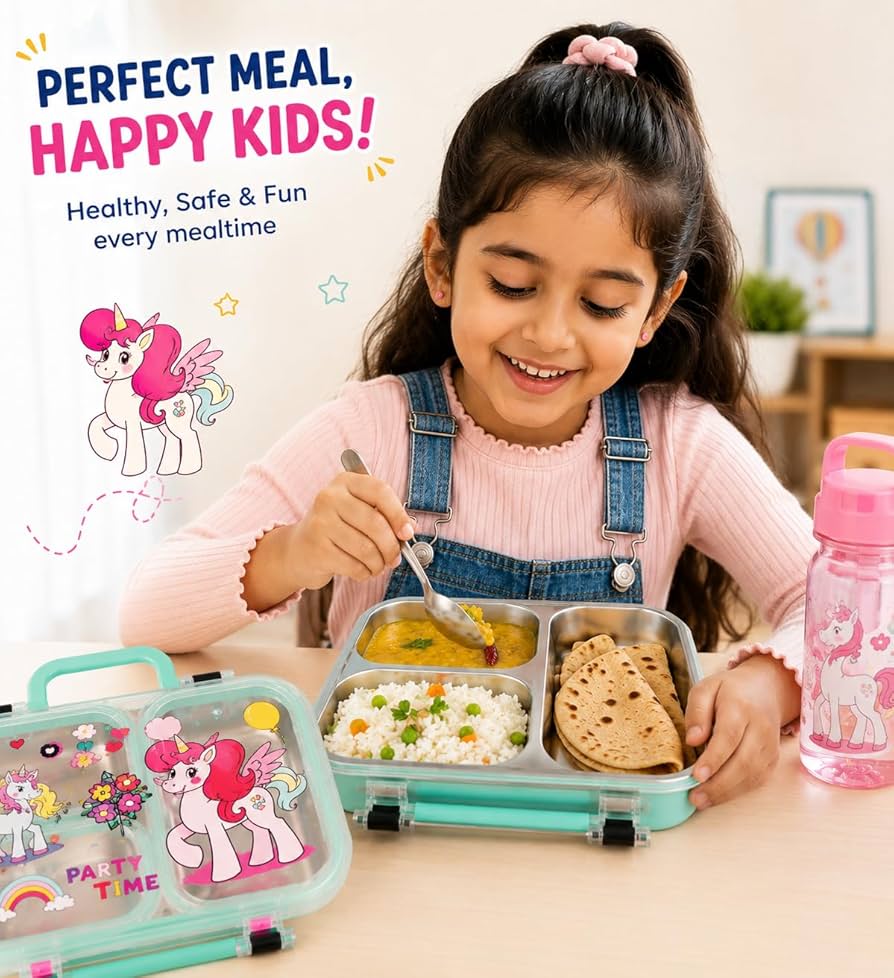 2679 {750 ML} Stainless Steel Lunch Box for School, 3 Compartment Leak Proof Bento Tiffin Box with Handle {Random Design}