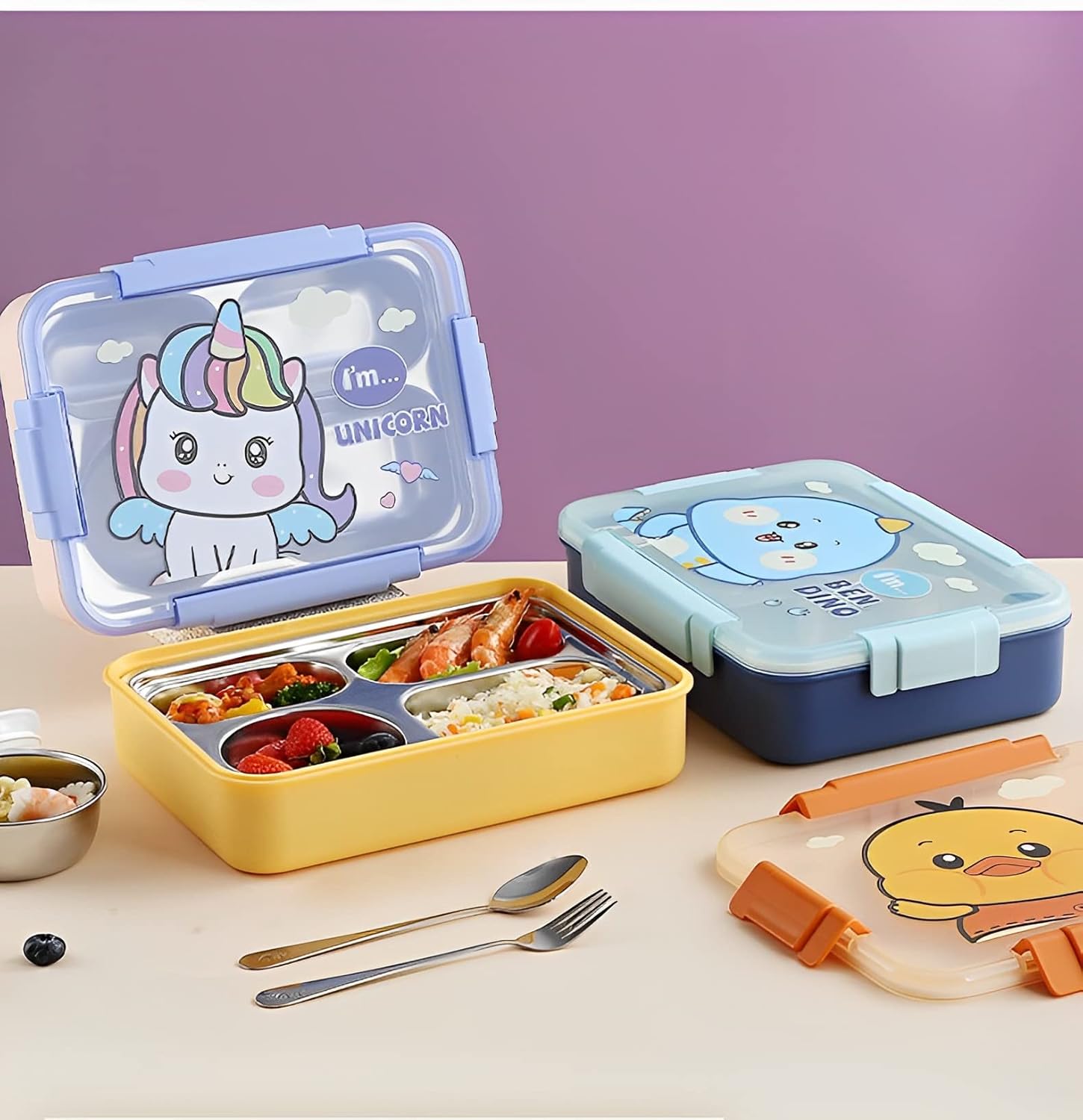 10670 Children’s Cute Unicorn Cartoon Printed 4 Compartment Stainless Steel Thermal Lunch Box with Soup Bowl, Spoon & Fork Leak Proof Reusable Tiffin Insulated Snack & Food Containers for School Kids {Random Color}