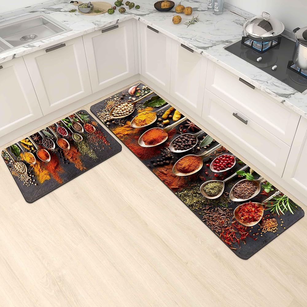 20502 Spice Cooking Kitchen Rugs Set of 2 Anti-Fatigue 0.4 Inches Thick Spices Colorful Kitchen Floor Mats Washable Rug Comfort Standing Waterproof Non Slip Mat for Kitchen Sink (17.3" x 28" + 17.3" x 47")