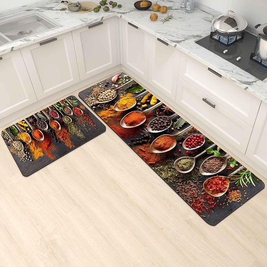 20502 Spice Cooking Kitchen Rugs Set of 2 Anti-Fatigue 0.4 Inches Thick Spices Colorful Kitchen Floor Mats Washable Rug Comfort Standing Waterproof Non Slip Mat for Kitchen Sink (17.3" x 28" + 17.3" x 47")