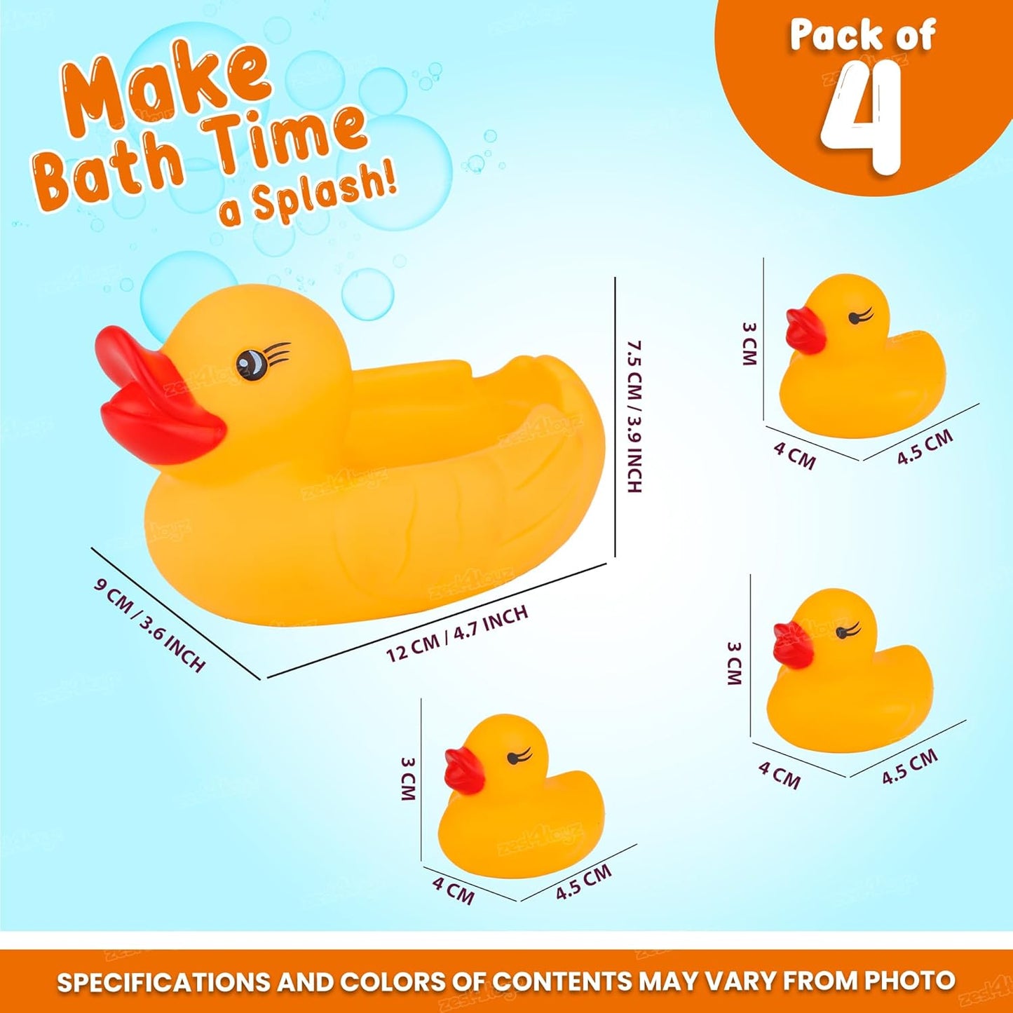 20687  4 Toyz Chu Chu Duck Bath Toy Set Duck Toy for Kids Floating Rubber Duck Family Safe & Fun Water Play Baby Toys for Kids Babies & Toddlers (Pack of 4)