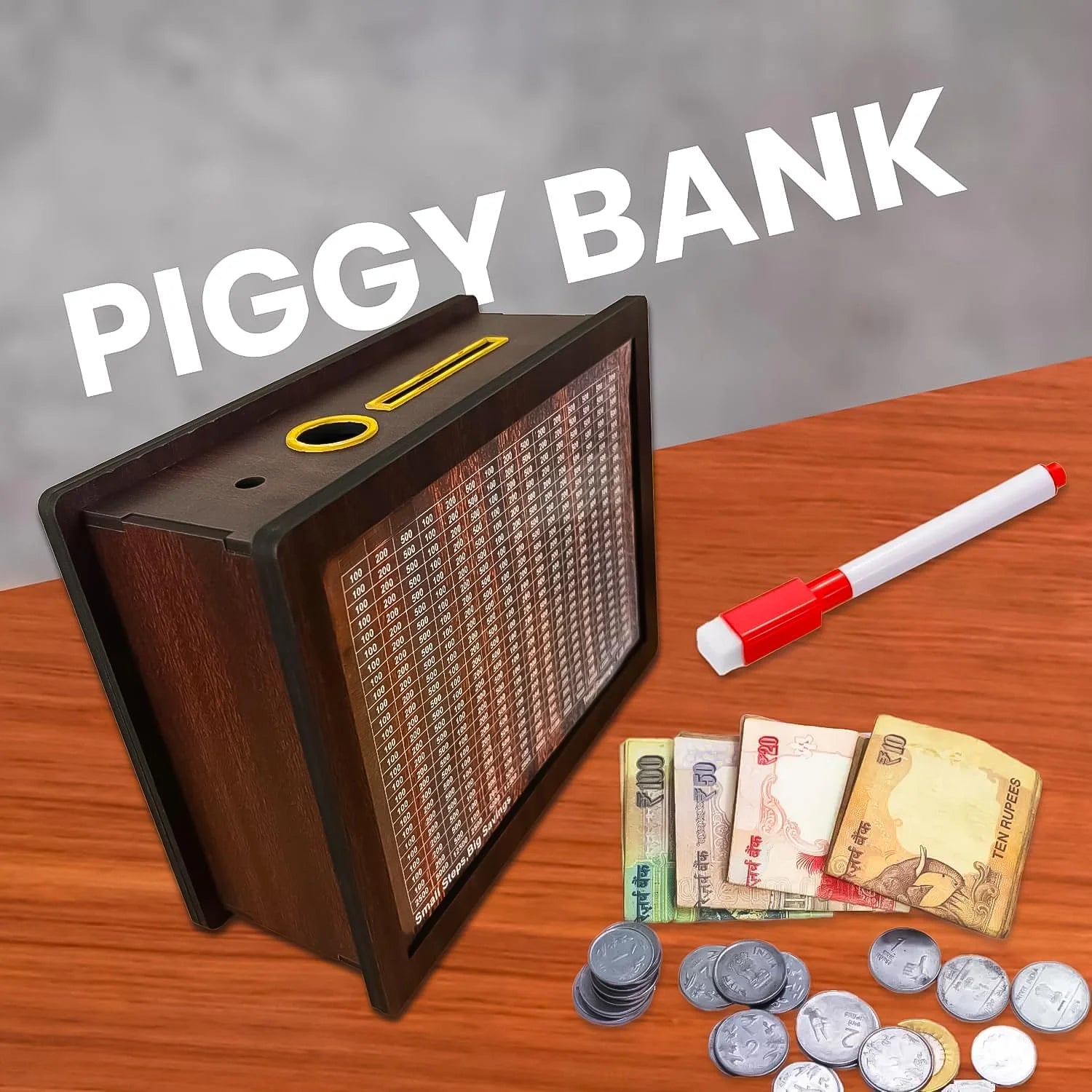 20135 Money Box with Carved Design, Wooden Piggy Bank, Kids Coin Box, 100000 Money Saver, Wooden Coin Bank