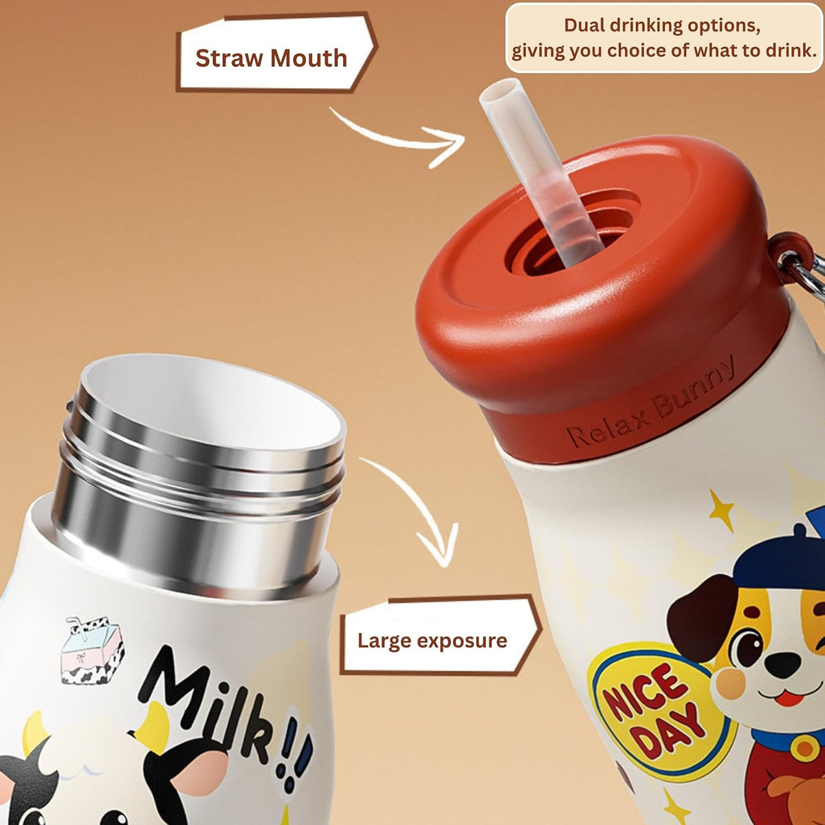 21338 Stainless Steel Kids Water Bottle 500ml| Leakproof Cute Animal Bottle |Carry Strap Included for School, Travel, Sports & Everyday Use Pack of 1