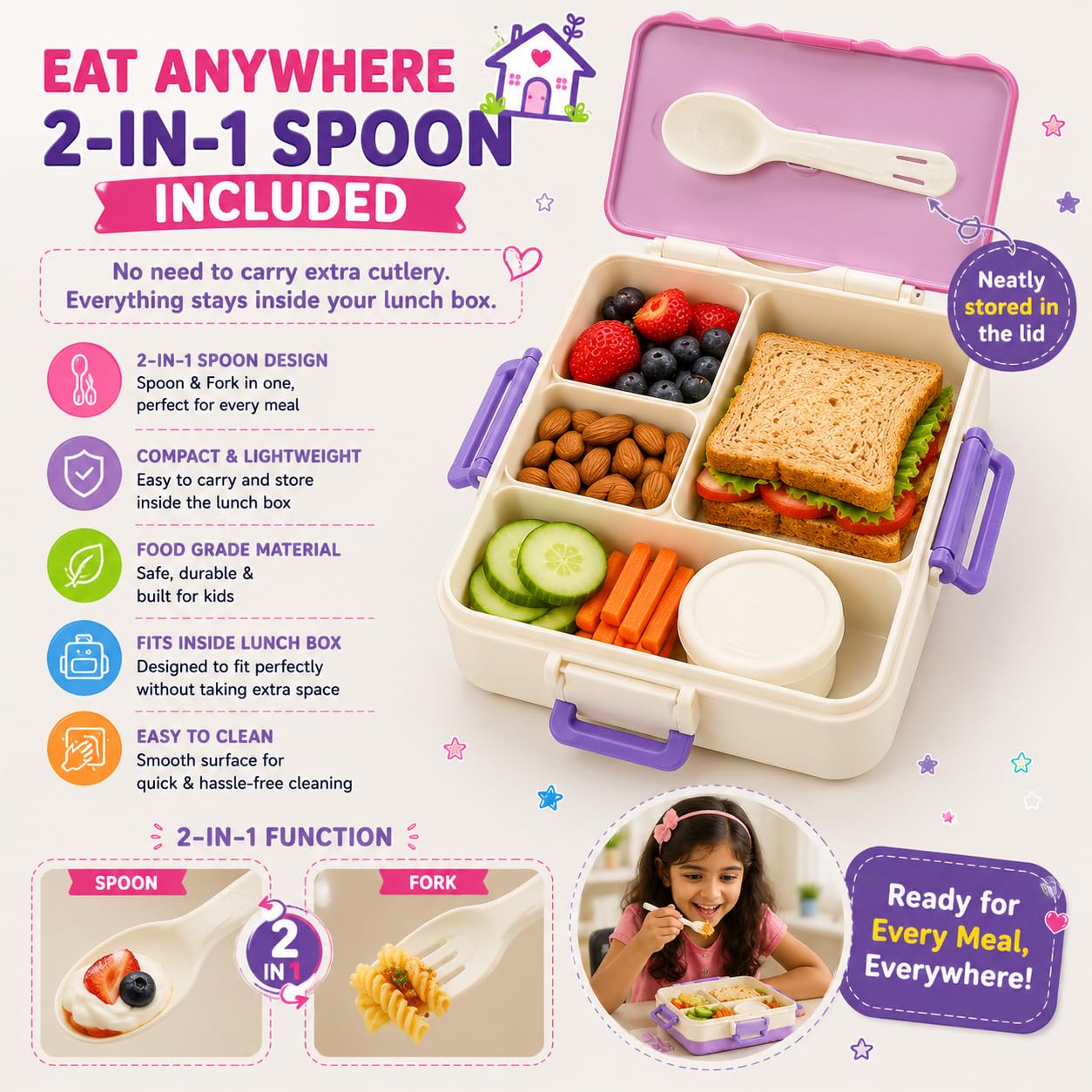 20934 House Shape Kids Lunch Box with 4 Compartments and Carry Handle| Lunch Box for School |Bento Lunch Box with Spoon & Fork
