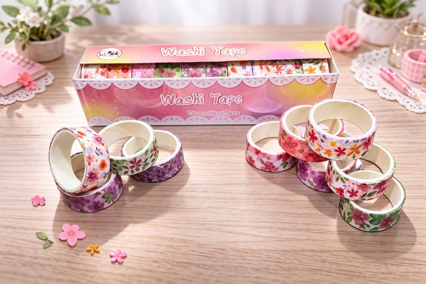 20742 Washi Tape Combo Set (10 Rolls) | Cute Aesthetic Decorative Masking Tape for Journaling, Scrapbooking & DIY Crafts | Floral + Star Designs | 15mm x 2m Each