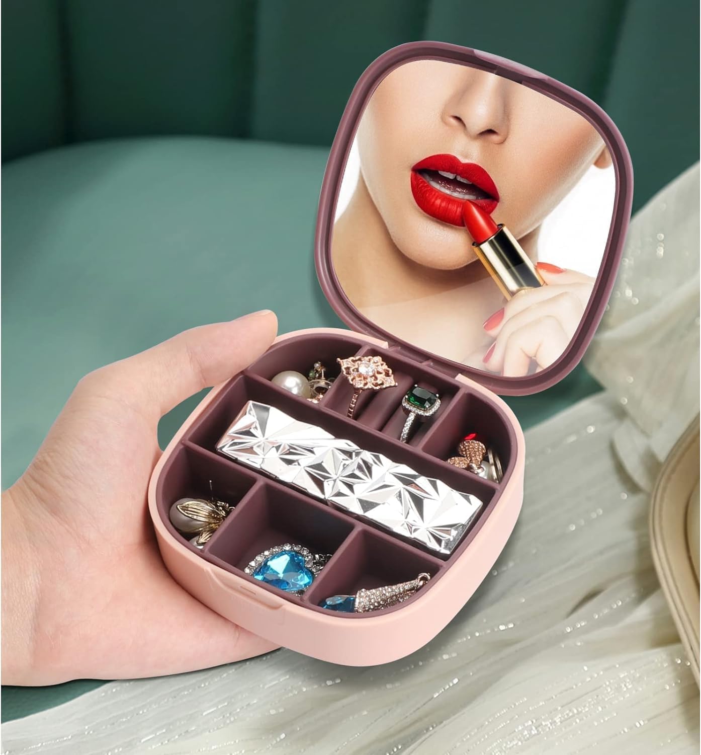 10489 Mini Jwellery Box with Mirror for Purse Plastic Lipstick Jewelry Organiser Box Mini Jewerly Storage Holder for Earrings,Ring, Necklaces Diamond Pattern