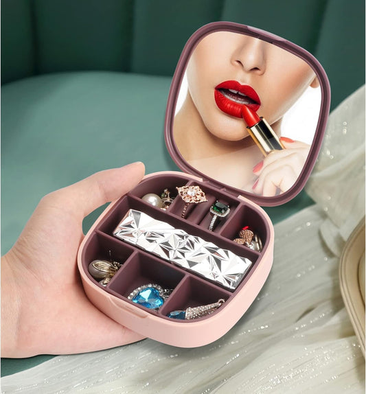 10489 Mini Jwellery Box with Mirror for Purse Plastic Lipstick Jewelry Organiser Box Mini Jewerly Storage Holder for Earrings,Ring, Necklaces Diamond Pattern