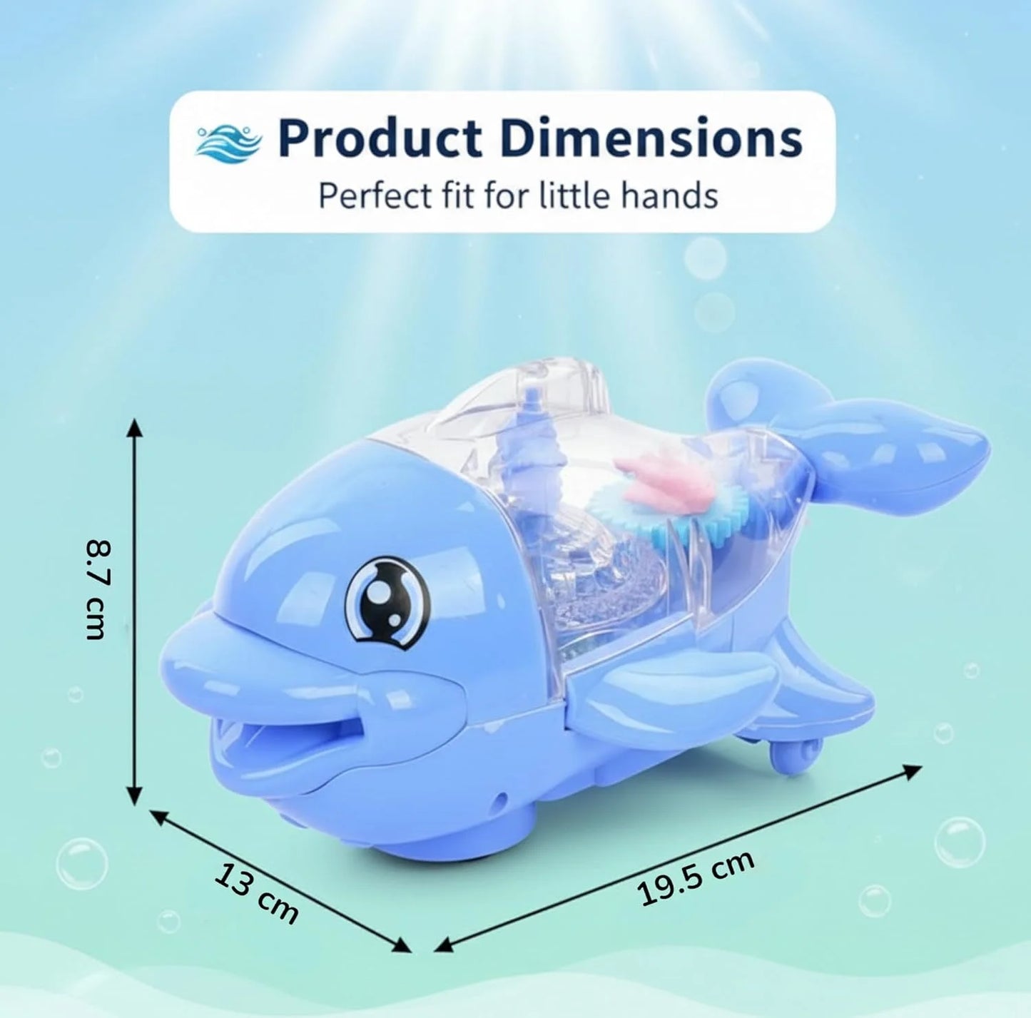 1861-66C Electric Gear Dolphin Toy with Flashing Lights and Music, 360 Degree Rotating Transparent Dolphin Toy, Light and Sound Toys for Children (Multicolour)