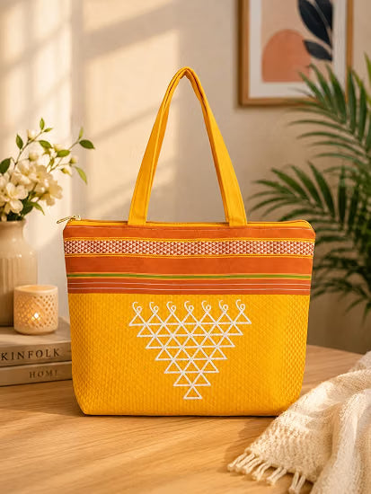 21253 Yellow Jute Tote Bag with Geometric Embroidery and Zip