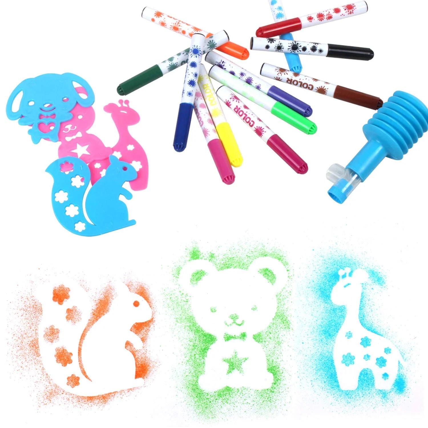 728 {12 Pieces} Colorful Pen Set with Spray Cum Sketch Pen with Stencils Drawing Set for Children Watercolor Safe Non-toxic Washing Graffiti DIY Multicolored- Birthday Return Gifts for Kids
