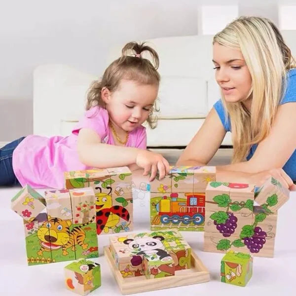 10764 3D Puzzle Wooden Cube Block 6 Face 9 Pieces with Storage Tray Kids 3+ Years