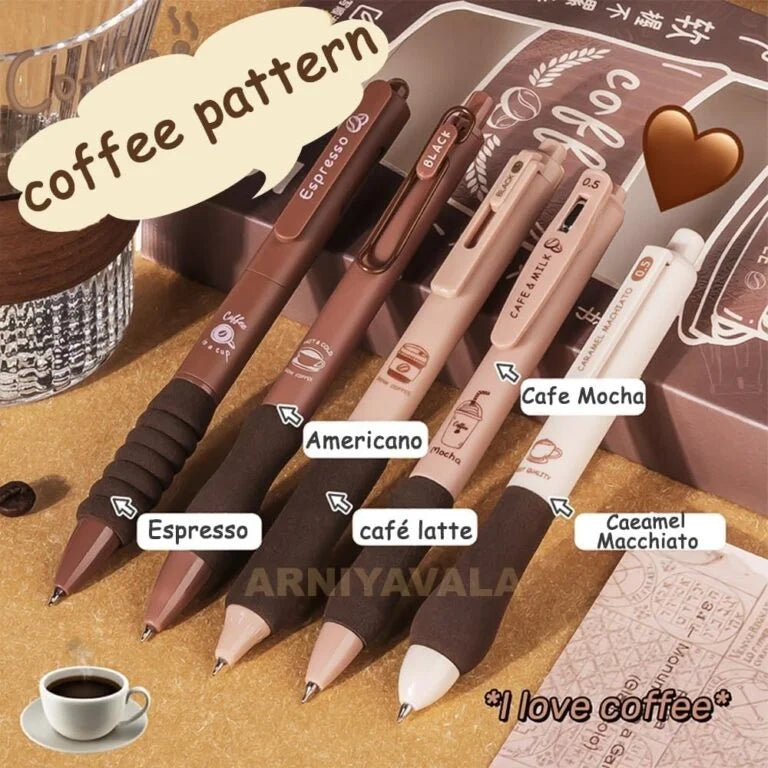 CK-PE-13 Coffee Gel Pens for Writing, 5 Pcs, Comfortable Grip, Smooth Writing, Kawaii Pens