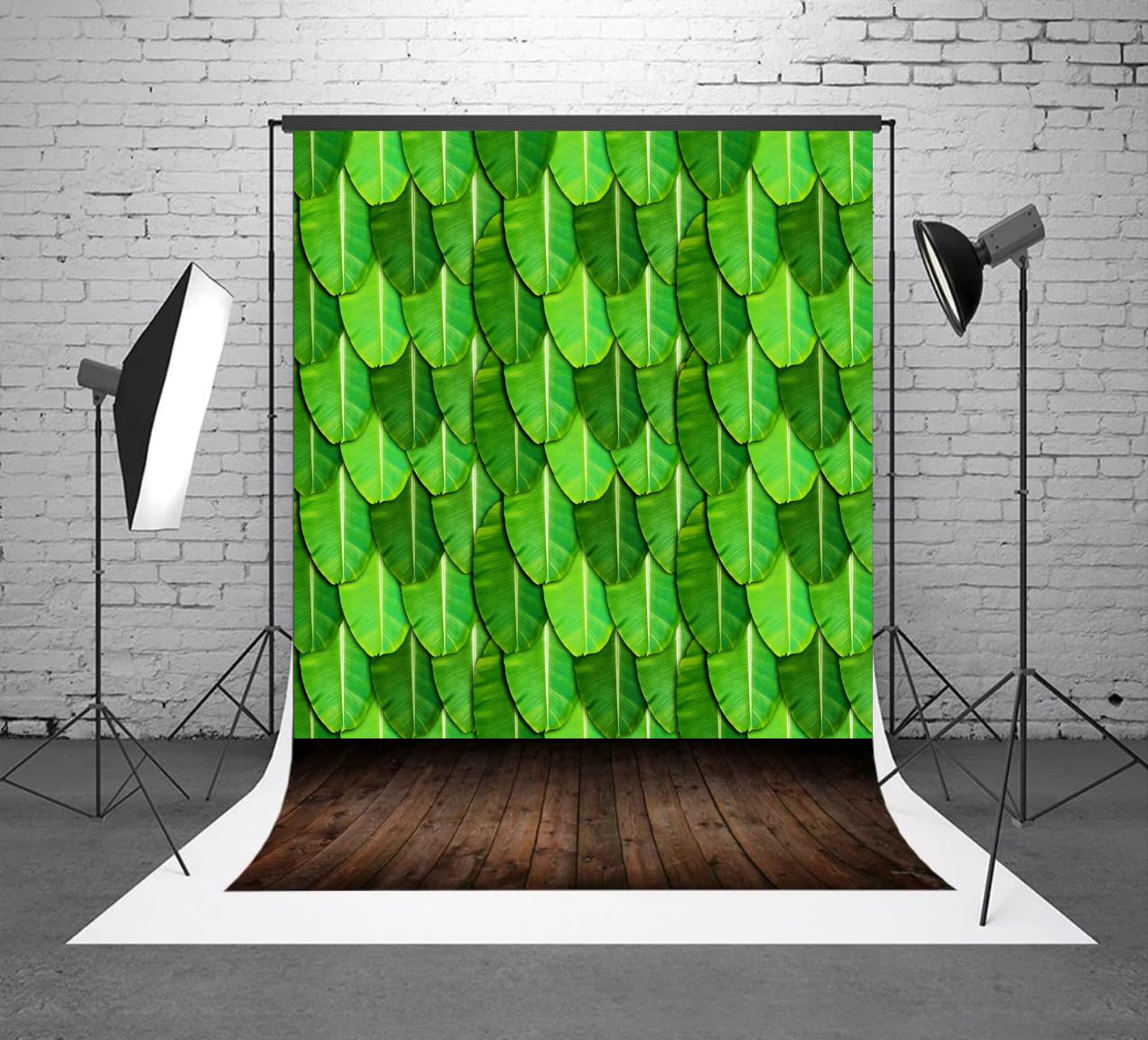 PJD-398  Green Banana Leaf Printed Backdrop Cloth, Polyester, 8Ft x 8Ft, for Satyanarayan Pooja, Ganesh Chaturthi, South Indian Festival Decoration, Washable and Reusable