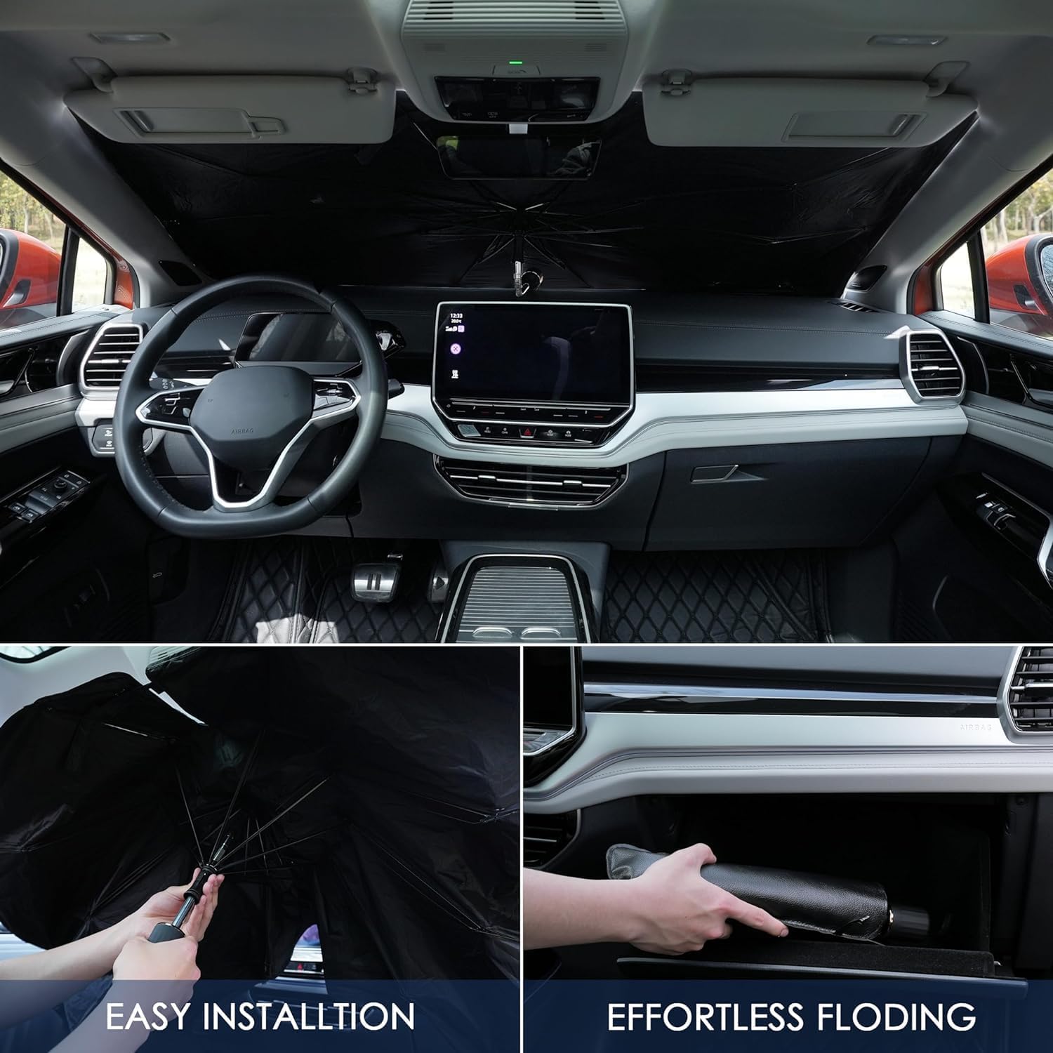 20520 Car Sun Shade Protector Front Glass || Foldable Umbrella for Car Front Window for Protect Vehical from Sun Rays & Heat Damage Keep Cool- Black Color