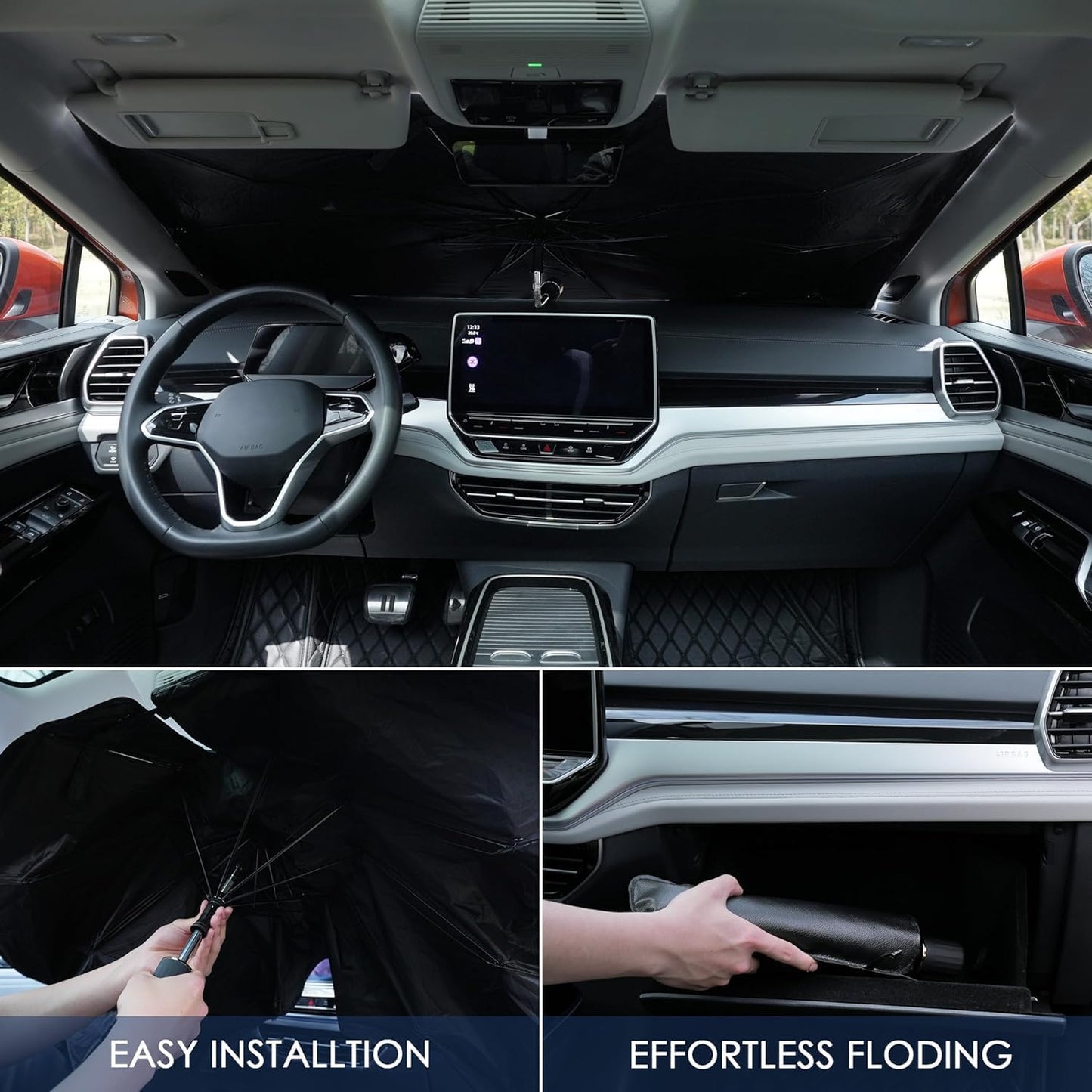 20520 Car Sun Shade Protector Front Glass || Foldable Umbrella for Car Front Window for Protect Vehical from Sun Rays & Heat Damage Keep Cool- Black Color