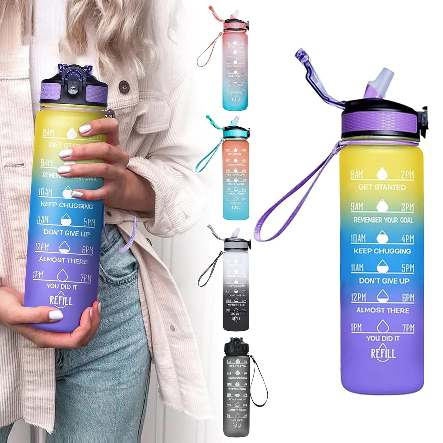 20518 Motivational Water Bottles with Times to Drink & Straw, Leakproof BPA Free Water Bottle Daily for Fitness, Gym and Outdoor Sports