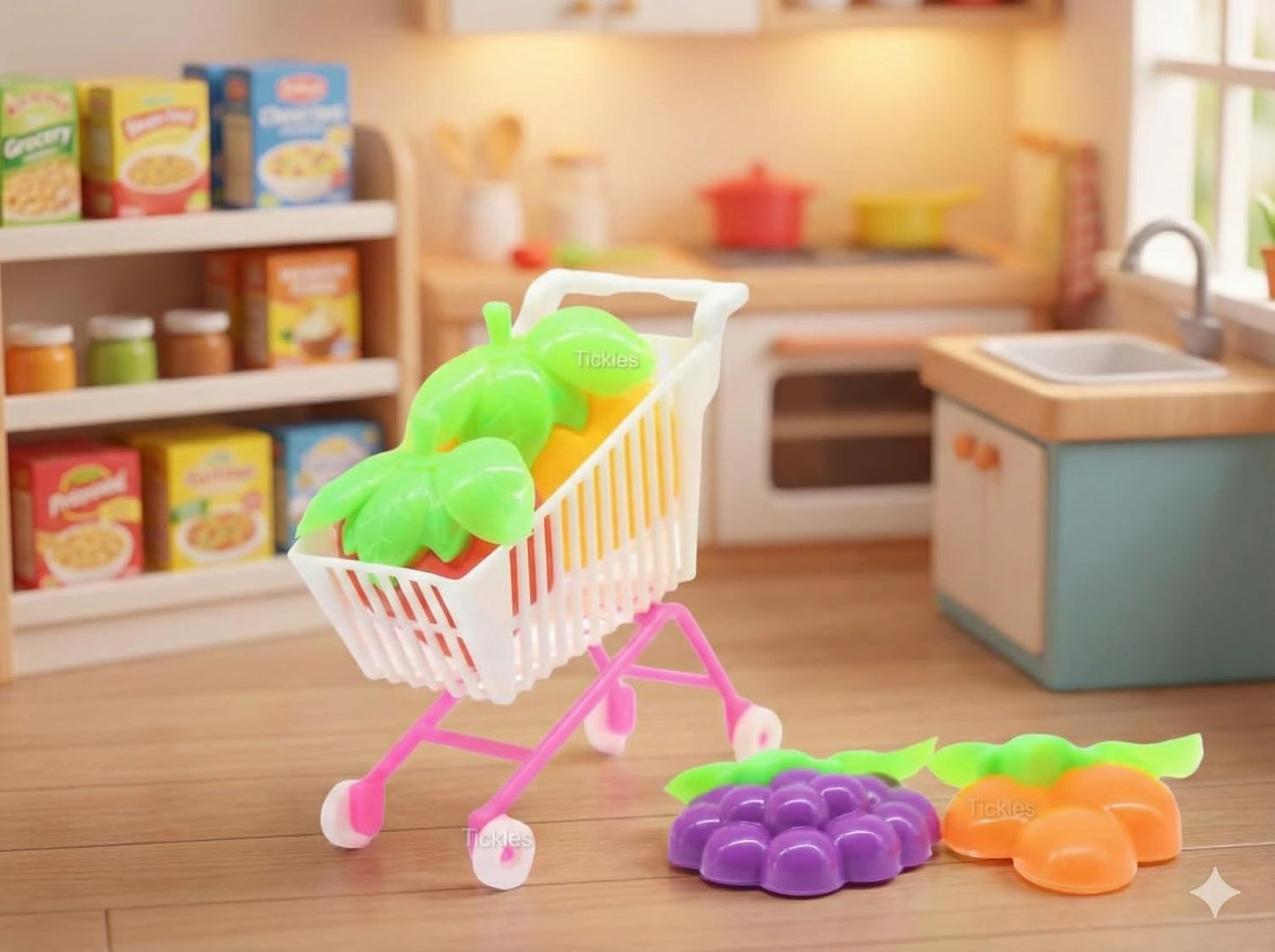 10572 Toy's 4-in-1 Mini Kitchen Appliances Play Set, Includes 15cm Refrigerator, Microwave, Water Dispenser & Shopping Cart with Fruits