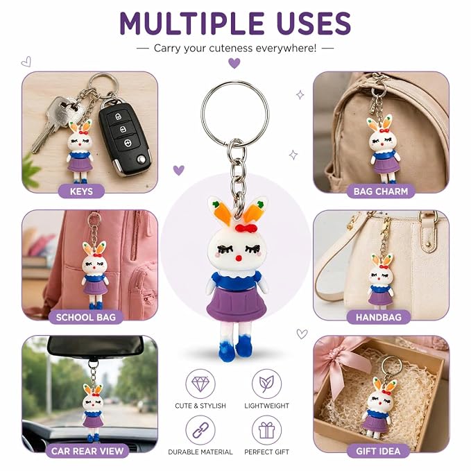 20894 {Pack of 12} Cute Rabbit Girl PVC Keychain | Cartoon Bunny Character Key Ring for Car Bike Keys