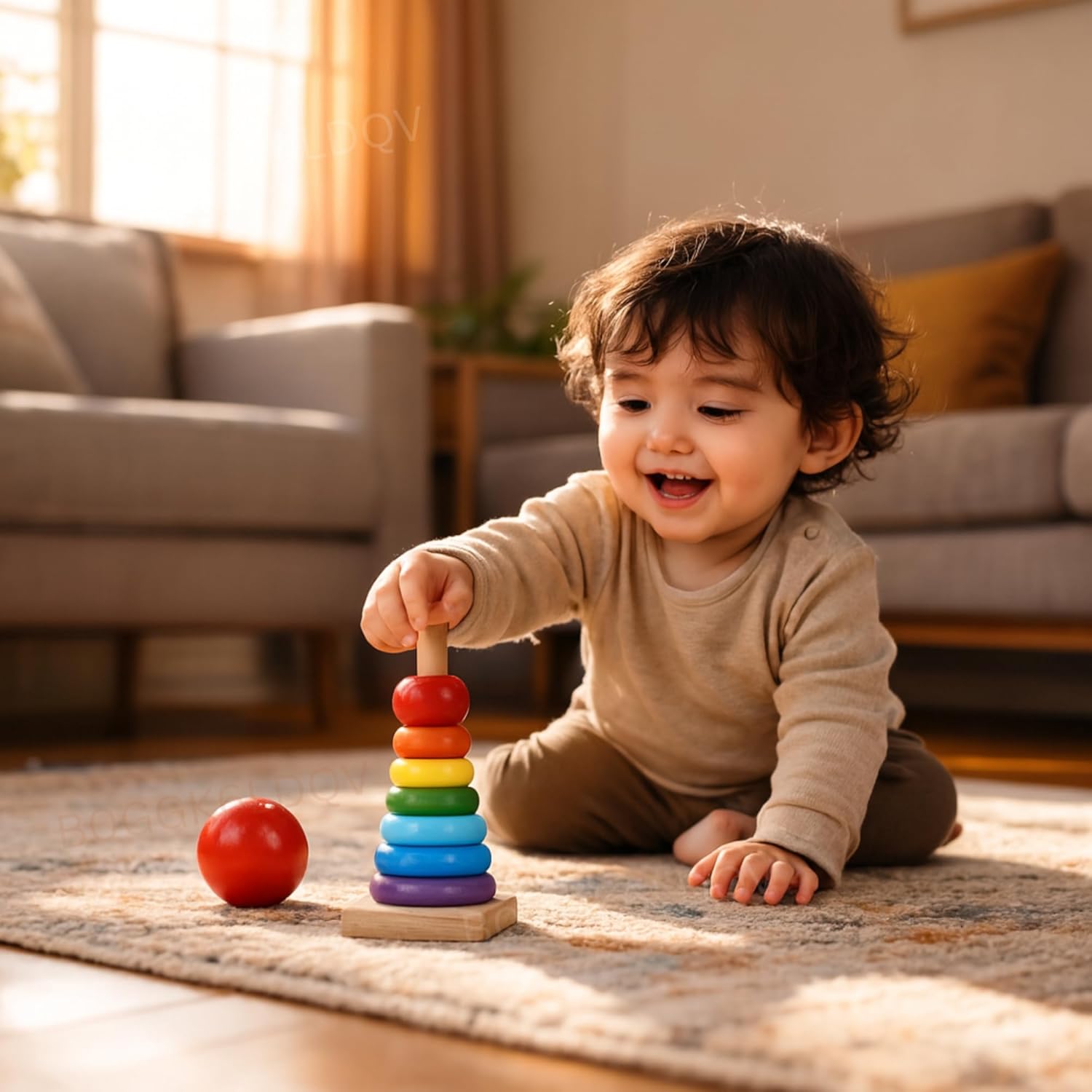 20691 Wooden Rainbow Stacking Ring Tower (Small) | Montessori Educational Toy for Toddlers | Shape & Colour Recognition Stacker Toy