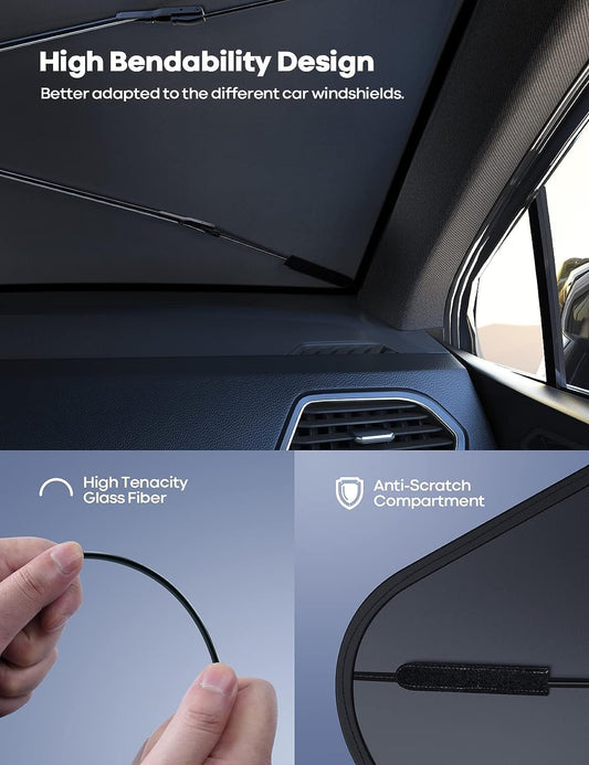20520 Car Sun Shade Protector Front Glass || Foldable Umbrella for Car Front Window for Protect Vehical from Sun Rays & Heat Damage Keep Cool- Black Color