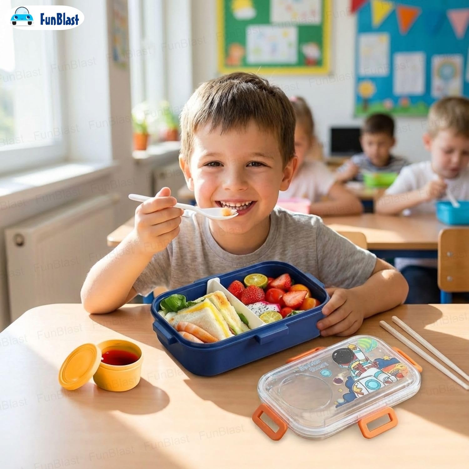 2646 Lunch Box with Spoon and Bowl,  for School Kids, Airtight Lid Tiffin Box, Plastic Tiffin Box with 2 Compartmen