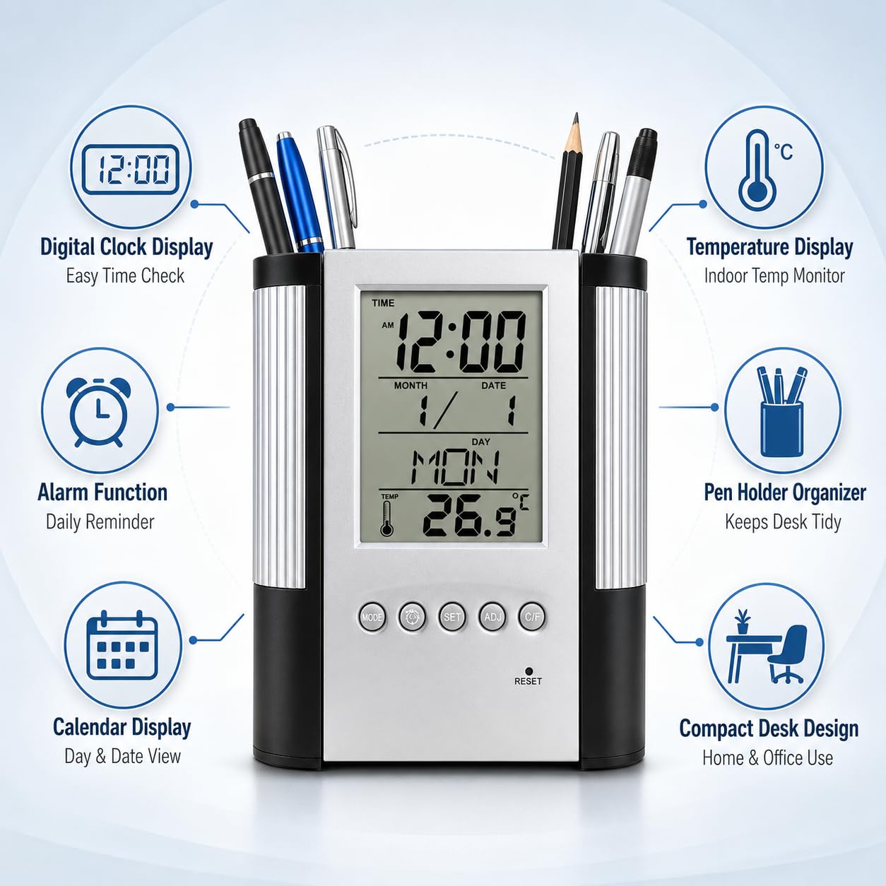 21105 Digital Clock Pen Holder for Smart Desk Setup, LCD Time Calendar Temperature Display & Alarm