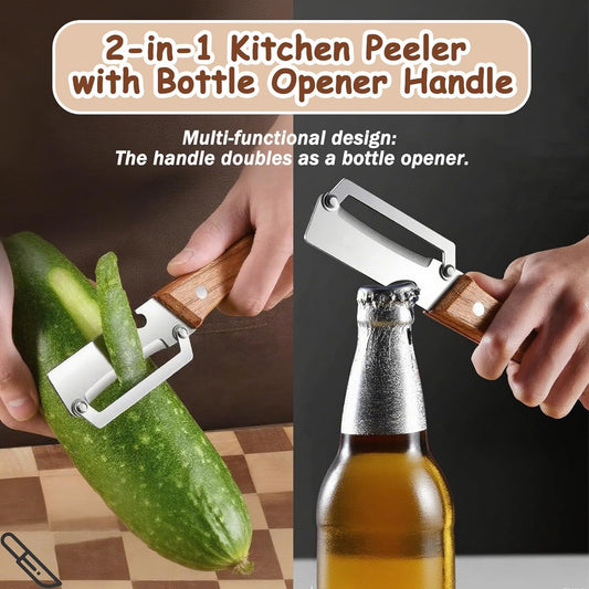20796 Multi-Functional Vegetable Peeler for Kitchen, Stainless Steel Peeler with Wooden Handle and Bottle Opener, Single Blade Peelers Tool, Suitable for Vegetables or Fruits (3 in 1 Fruit Peeler)
