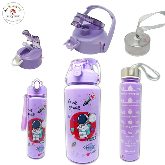 11137 Set of 3 Space-Themed Water Bottle with Motivational Time Marker | 2000ml, 800ml, 300ml | Durable Non-Toxic Sipper Water Bottle for Office, School, Sports, Gym & Fitness {Random Colour}