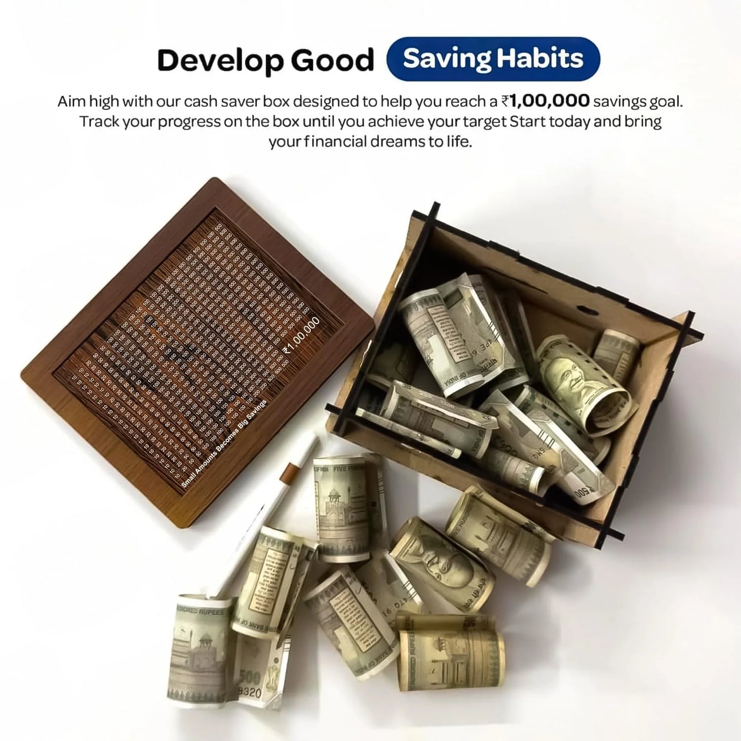 20135 Money Box with Carved Design, Wooden Piggy Bank, Kids Coin Box, 100000 Money Saver, Wooden Coin Bank