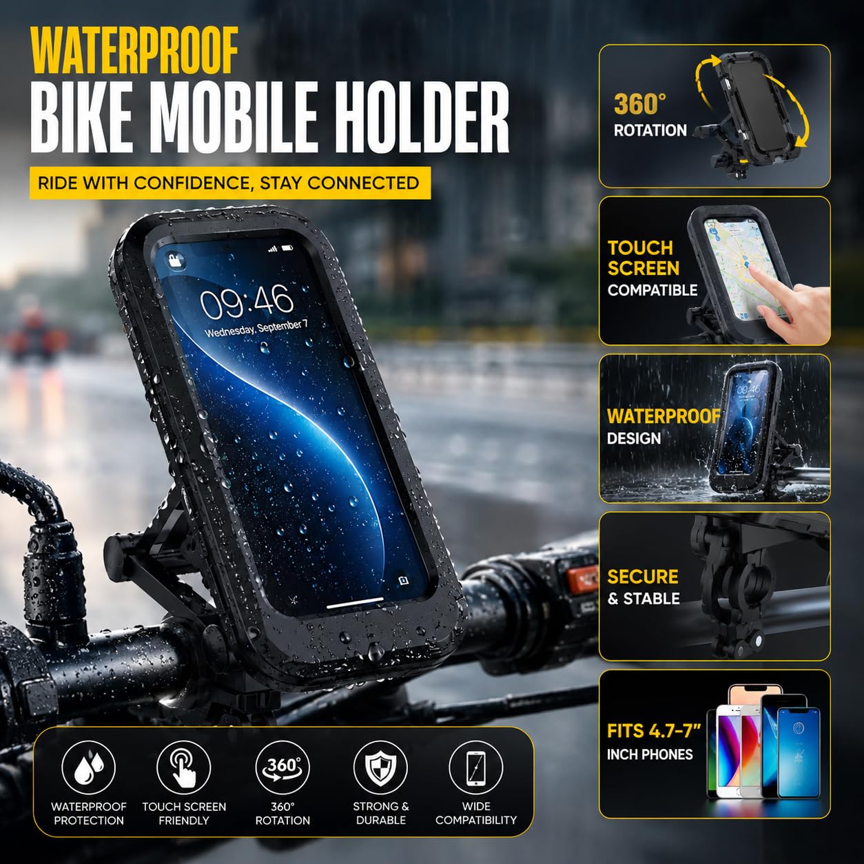 20869 Waterproof Motorcycle Phone Holder, Bike Mobile Holder with Touch Screen, 360° Rotation Metal Handlebar Mount, Universal Mobile Stand for Bicycle, Scooter & Bike