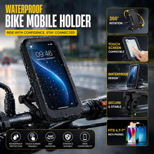 20869 Waterproof Motorcycle Phone Holder, Bike Mobile Holder with Touch Screen, 360° Rotation Metal Handlebar Mount, Universal Mobile Stand for Bicycle, Scooter & Bike