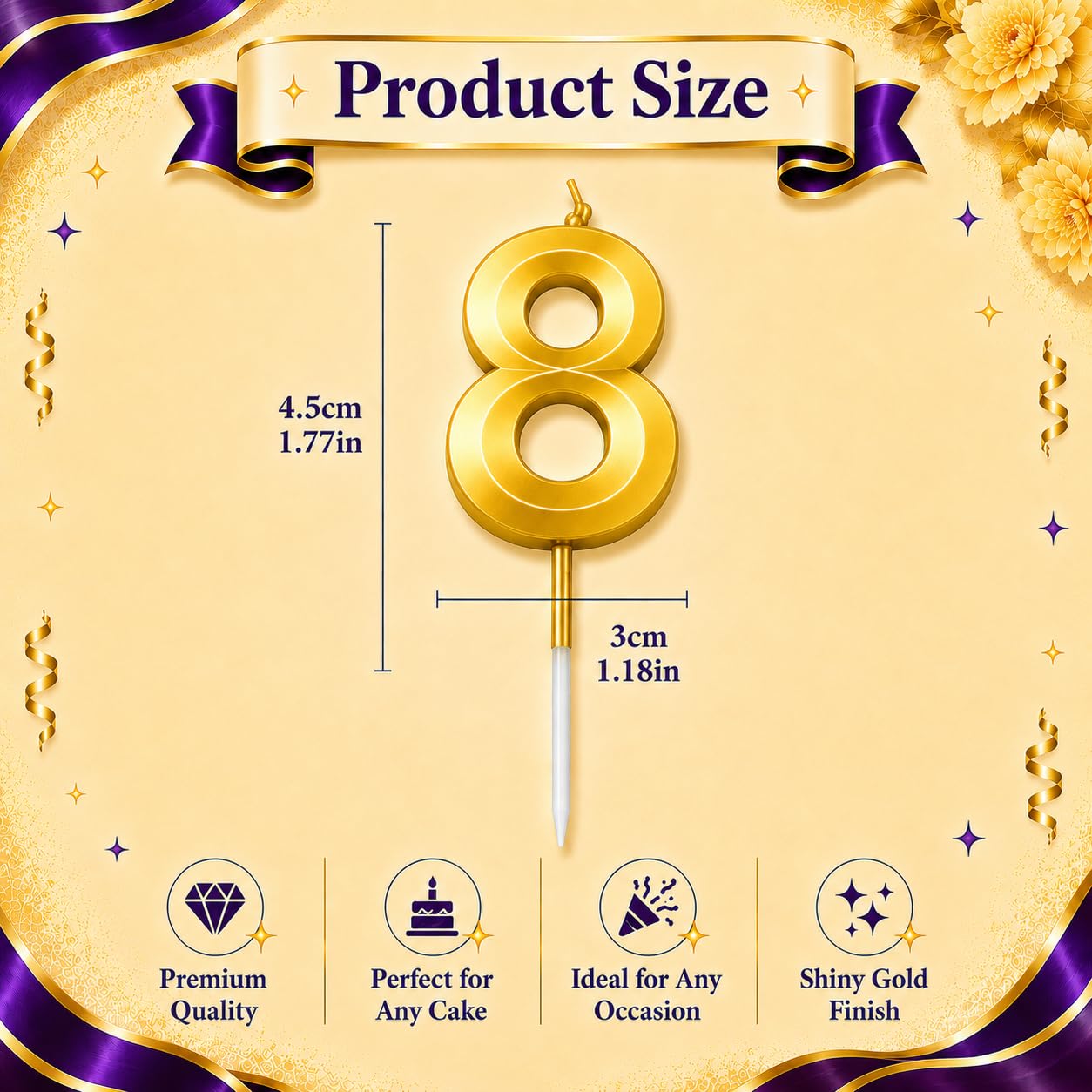 21147 {Pack of 12} Number 8 Birthday Cake Candle, Gold, Shiny Metallic Finish, 4.5cm, Perfect for Any Occasion