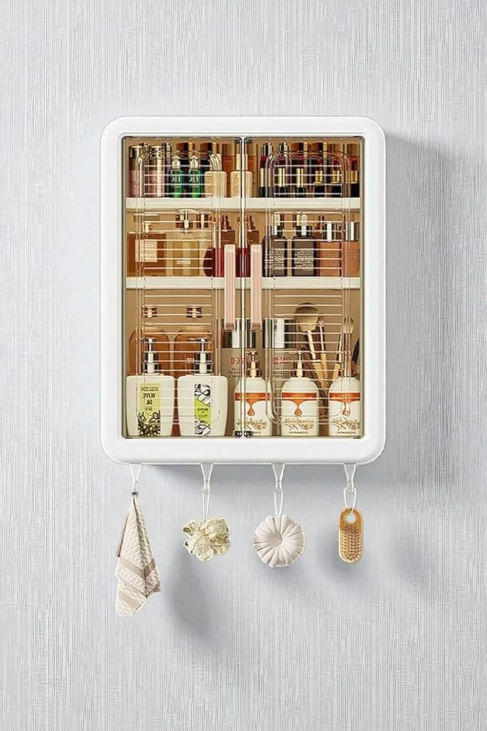 10767 Wall Mounted Bathroom Storage Cabinet with 5 Hooks | Double Door Medicine Cabinet | Waterproof Wall Shelf for Cosmetics & Toiletries