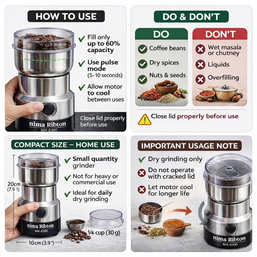 8300 Nima Stainless Steel Multifunctional Electric Grinder & Coffee Maker, Mini Spice and Masala Grinder for Coffee Beans, Nuts and Grains