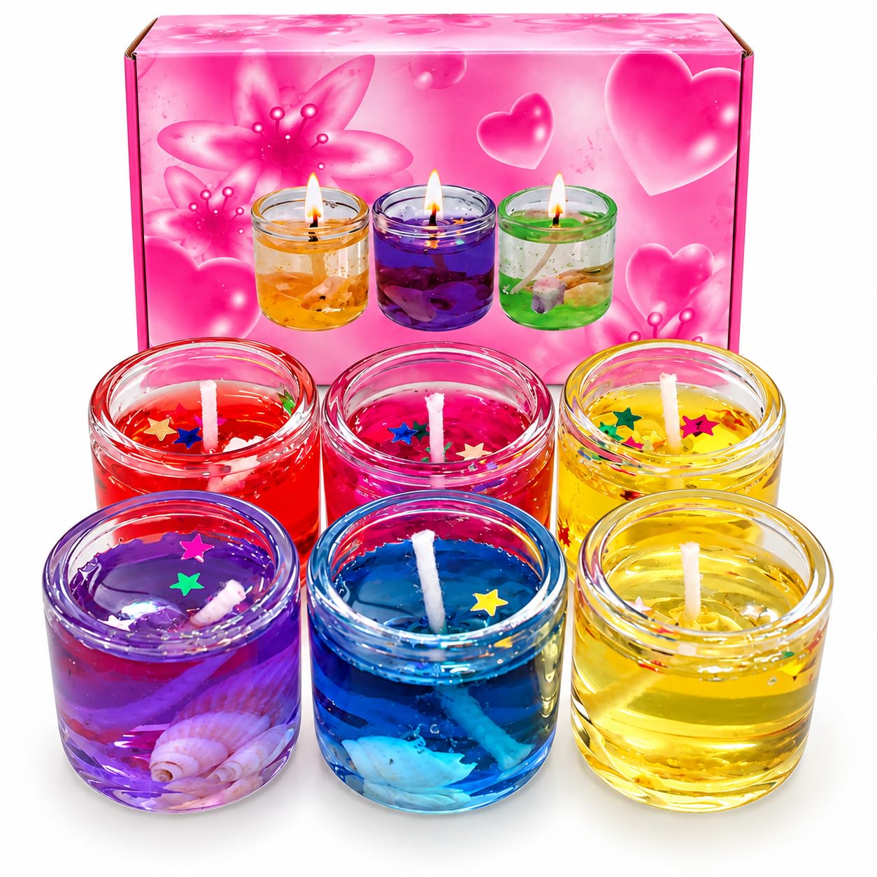 CD-5-1 Gel Candles Pack of 6 in Clear Glass Jars with Decorative Elements Assorted Vibrant Colors, Star & Shell Elements, Festive Decor, Home Decor Use, Diwali & Parties