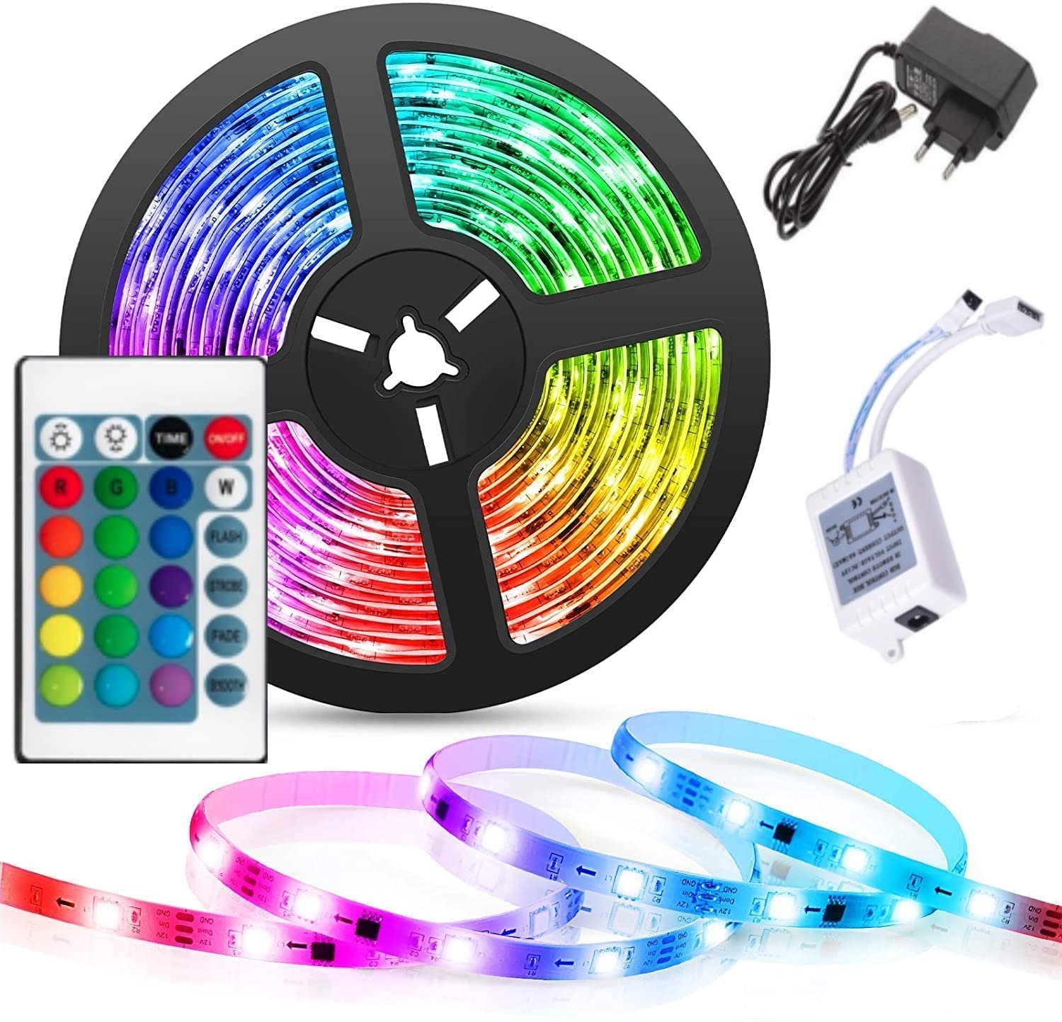 R-4103  5 Meter 5050 LED Strip Lights, 300 Led RGB Strip Light with Adaptor, Operated with 16 Modes Remote Controller Multicolor LED Lights for Home Decoration